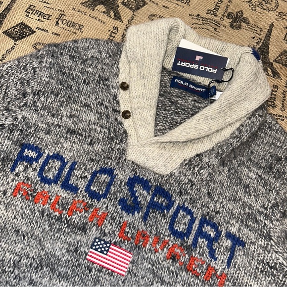 Polo Ralph Lauren NWT! Sport Usa Flag Wool Embroidered Grey Shawl Collar Sweater - Picture 8 of 14